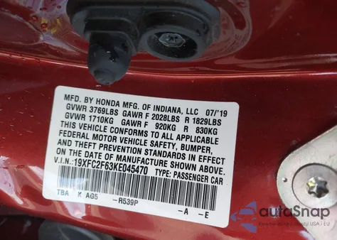 2019 Honda Civic Lx from USA, damaged, VIN 19XFC2F63KE045470